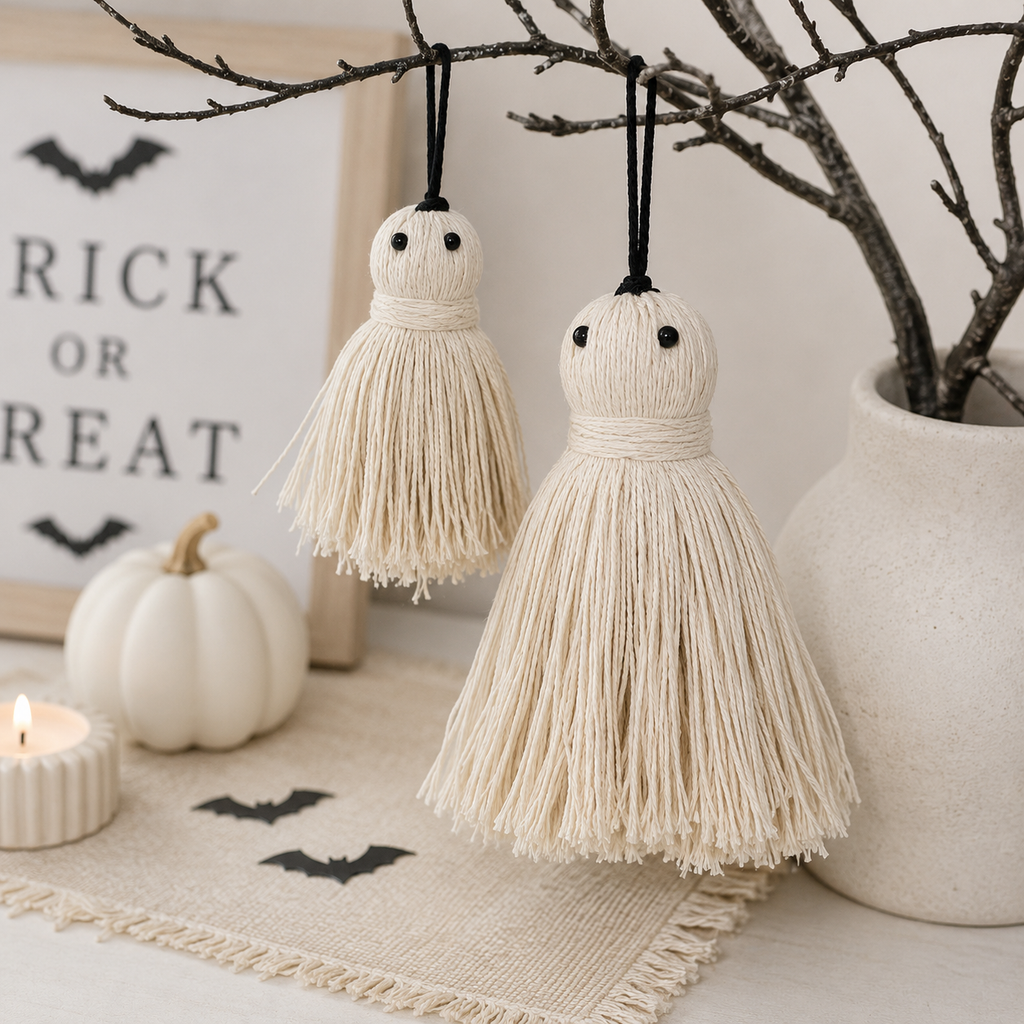 4" and 6" Tassel Ghost Ornaments (Set of 2) - White and Black | Spookable Collection