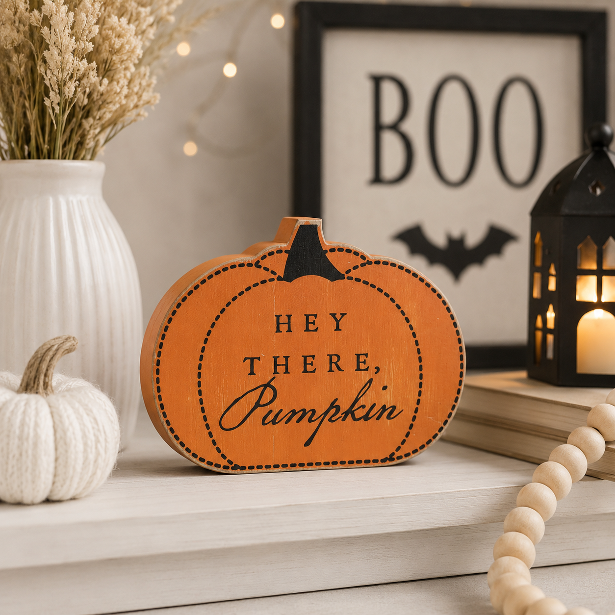6.75" Reversible Wood Shape - Hey There Pumpkin | Orange and Black
