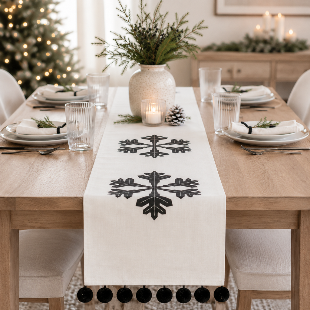 74" x 14" Reversible Linen Table Runner - Stripe/Snowflake | White and Black