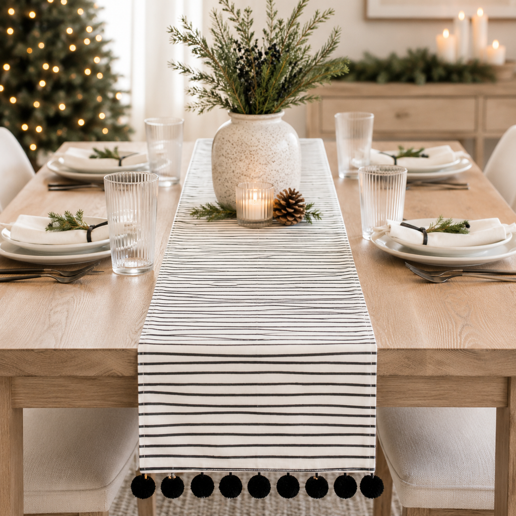 74" x 14" Reversible Linen Table Runner - Stripe/Snowflake | White and Black