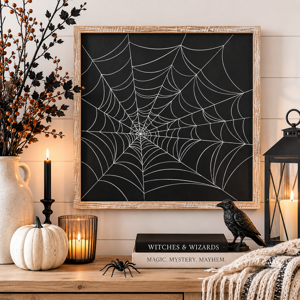 24" Reversible Wood Frame Sign - Web and Gourd | Multicolor | Sweet and Spooky