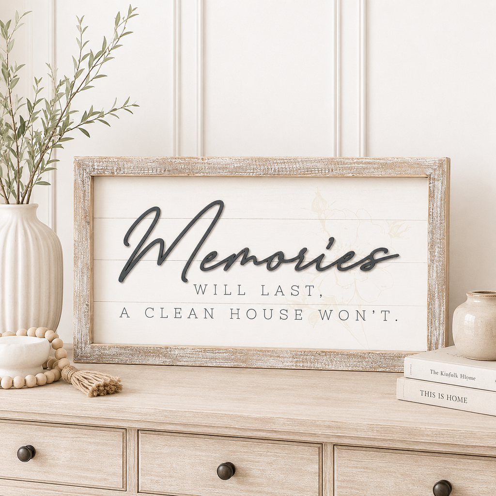 25" x 14" Reversible Wood Frame Sign - Lived In/Memories | White, Gray and Tan
