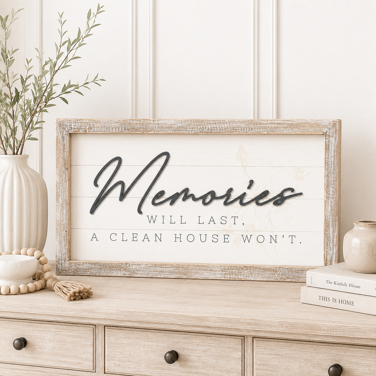 25" x 14" Reversible Wood Frame Sign - Lived In/Memories | White, Gray and Tan