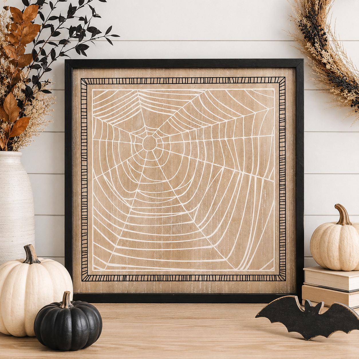 20" Reversible Wood Frame Sign - Web and Leaves | Multicolor | Sweet and Spooky