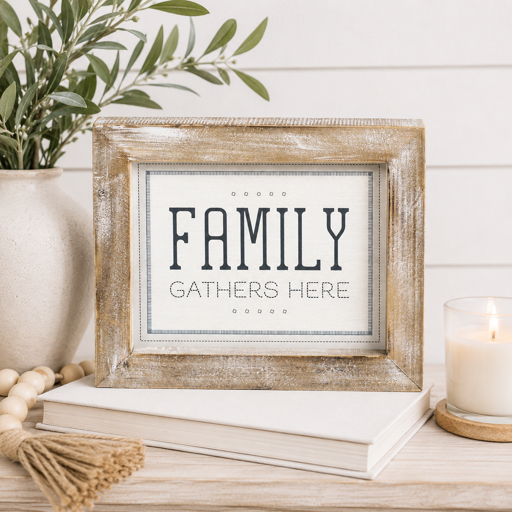 12" x 10" Reversible Wood Framed Sign - Family | White and Grey