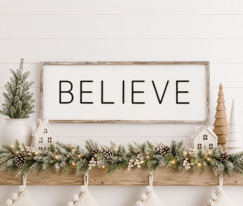 47" x 17" Reversible Wood Framed Sign - Believe and Home Comfort | White and Black