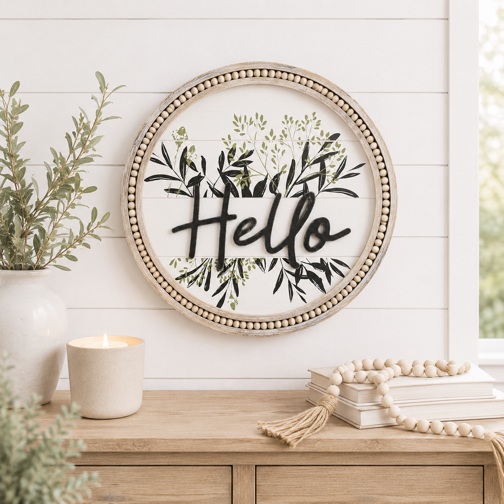 19" Round Beaded Wood Framed Sign - Hello | Natural and White