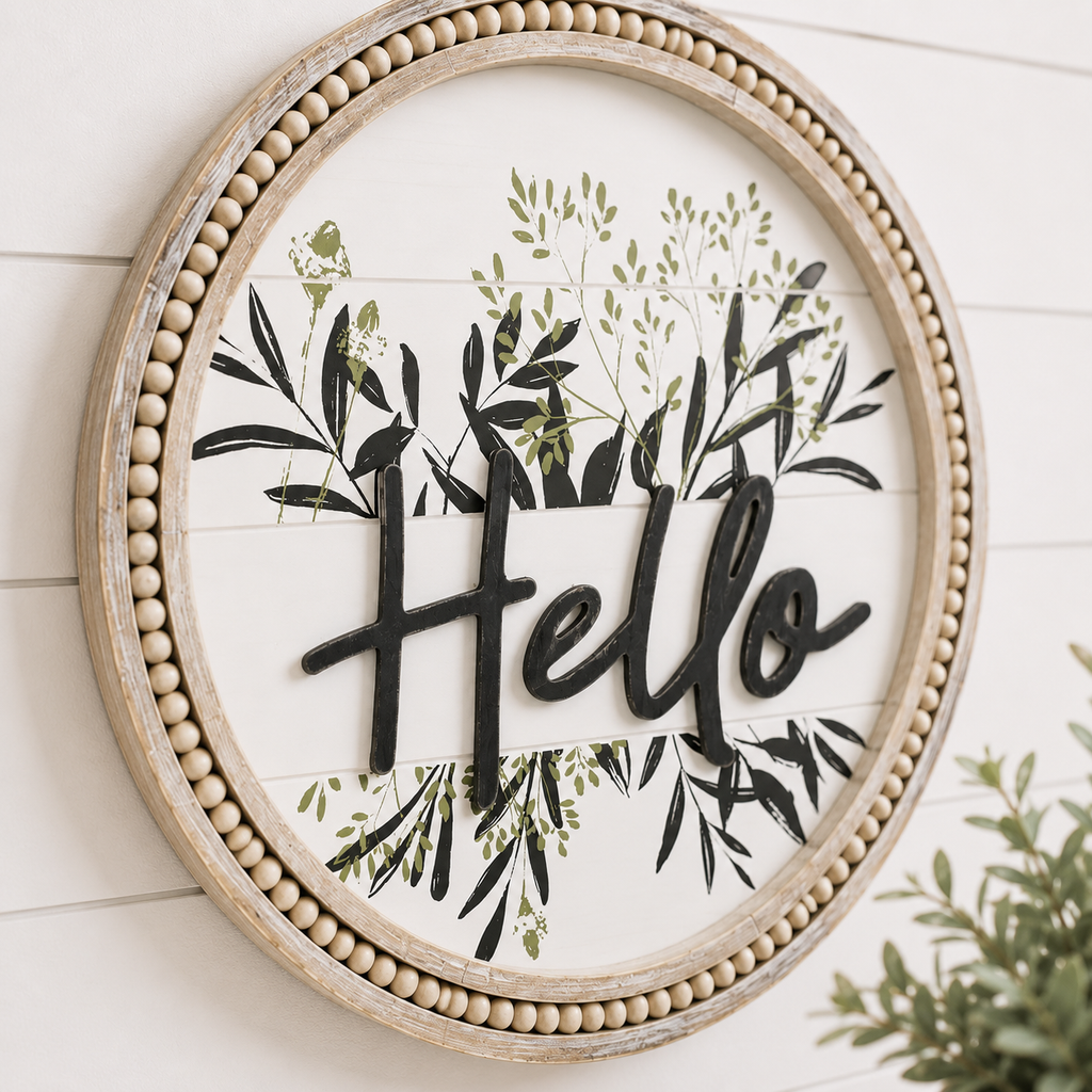 19" Round Beaded Wood Framed Sign - Hello | Natural and White