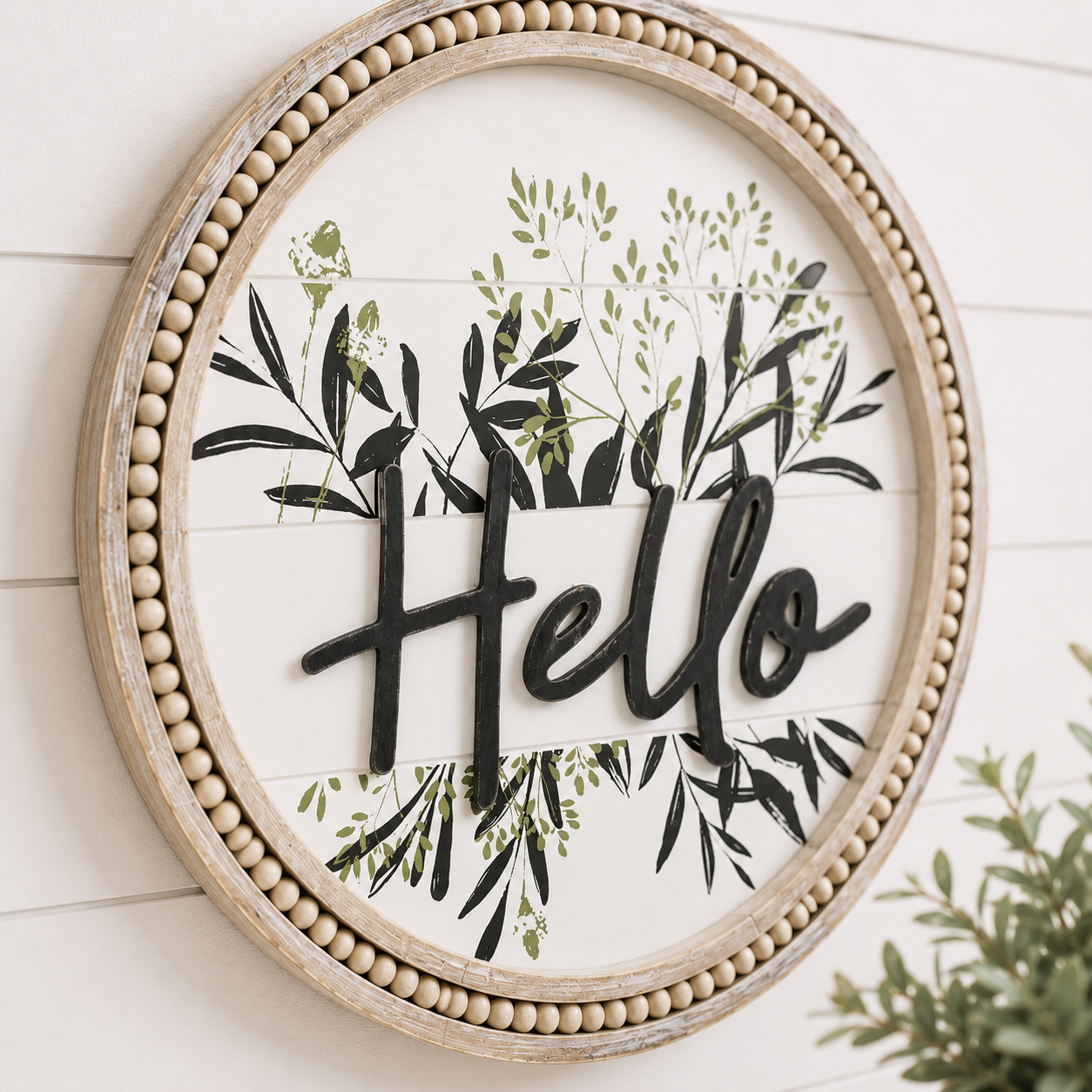 19" Round Beaded Wood Framed Sign - Hello | Natural and White