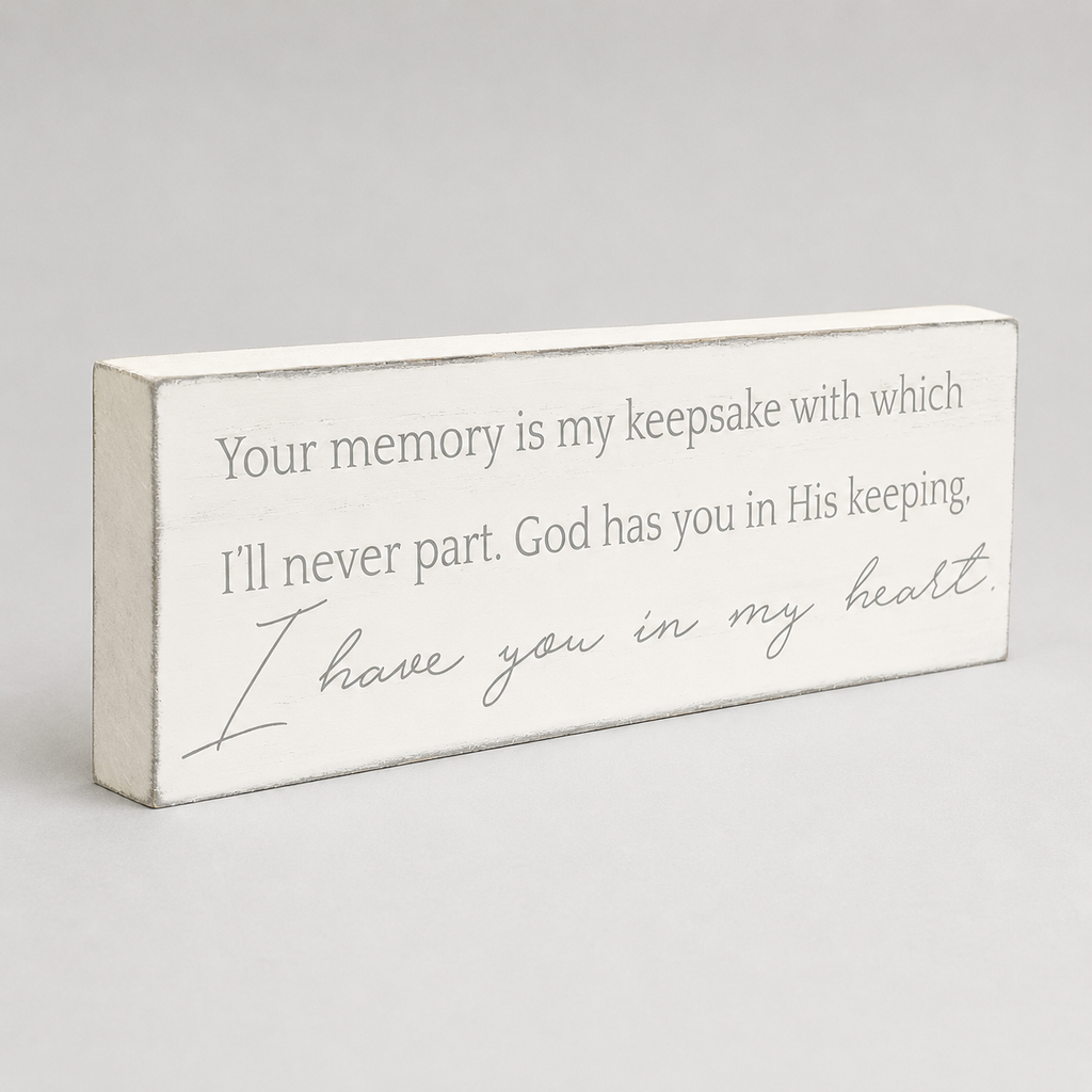 12" x 4" Wood Block Sign - Keepsake | White and Grey | Remember When Collection