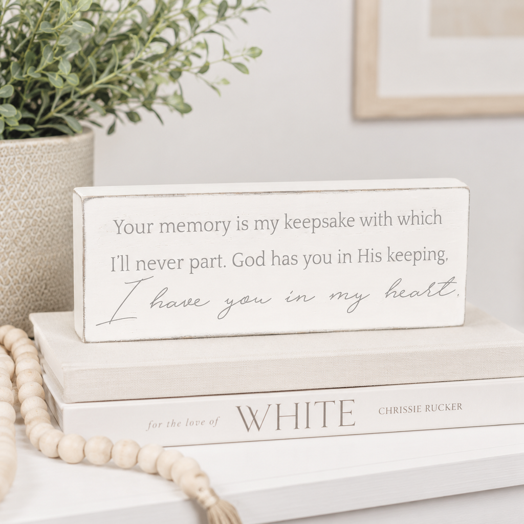 12" x 4" Wood Block Sign - Keepsake | White and Grey | Remember When Collection