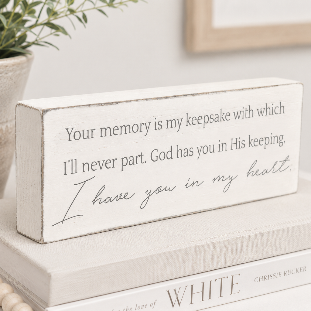 12" x 4" Wood Block Sign - Keepsake | White and Grey | Remember When Collection
