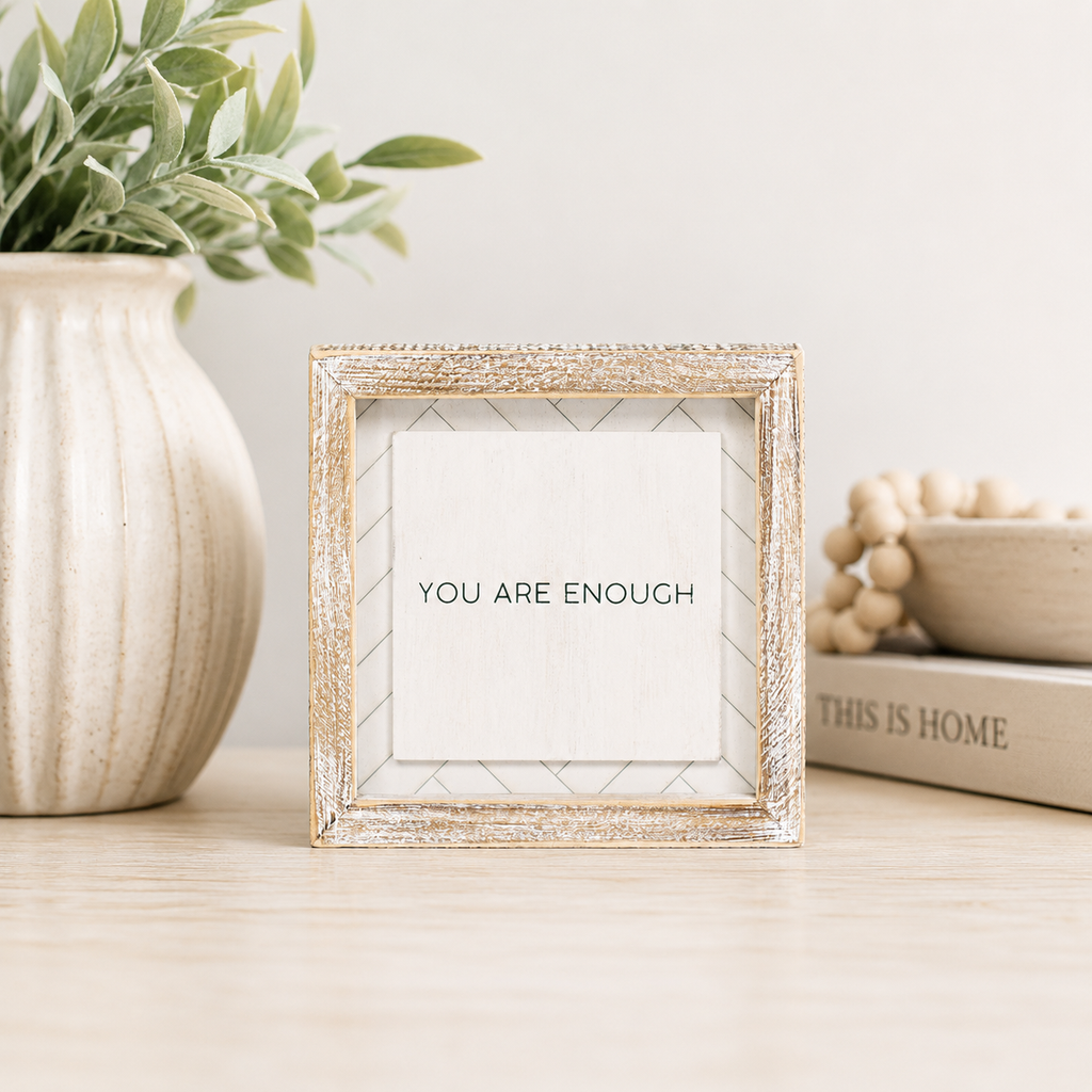 6" Reversible Wood Frame Sign - Enough and Little | White and Black
