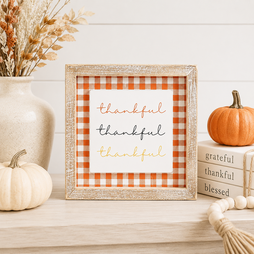 7" Reversible Wood Frame Sign - Hat and Thankful | Multicolor | Pumpkins and Sweets Collection