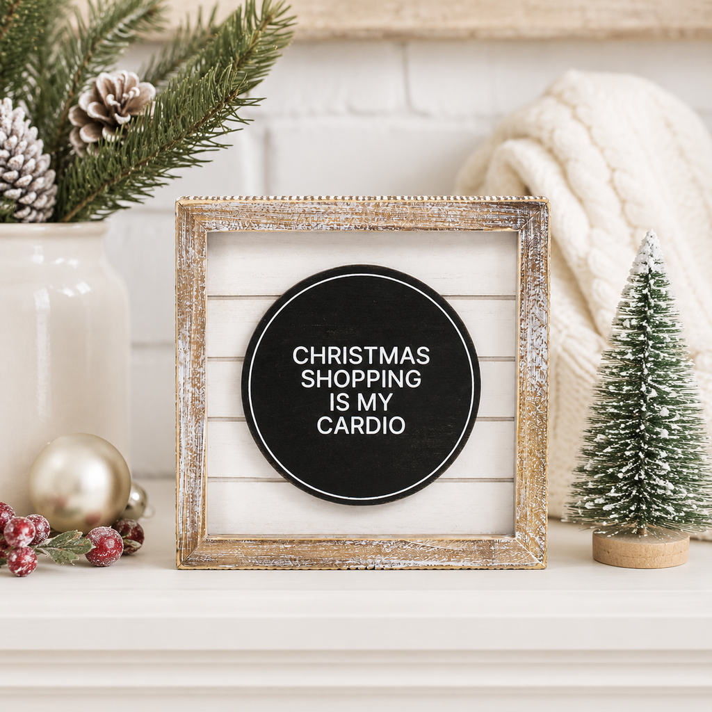 6" Reversible Wood Framed Sign - No Excuses and Christmas Cardio | White and Black