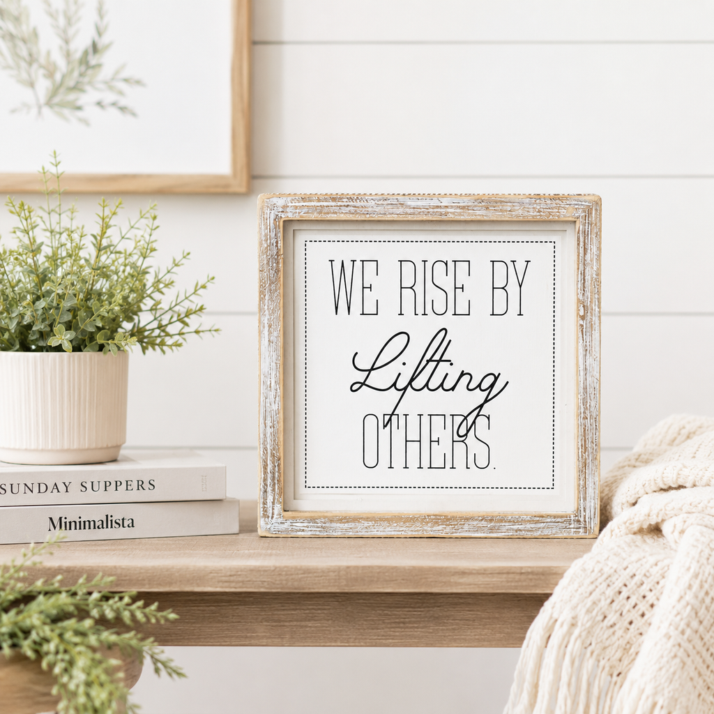 8" Reversible Wood Framed Sign - Warm Hearts and Rise | Black, White and Grey