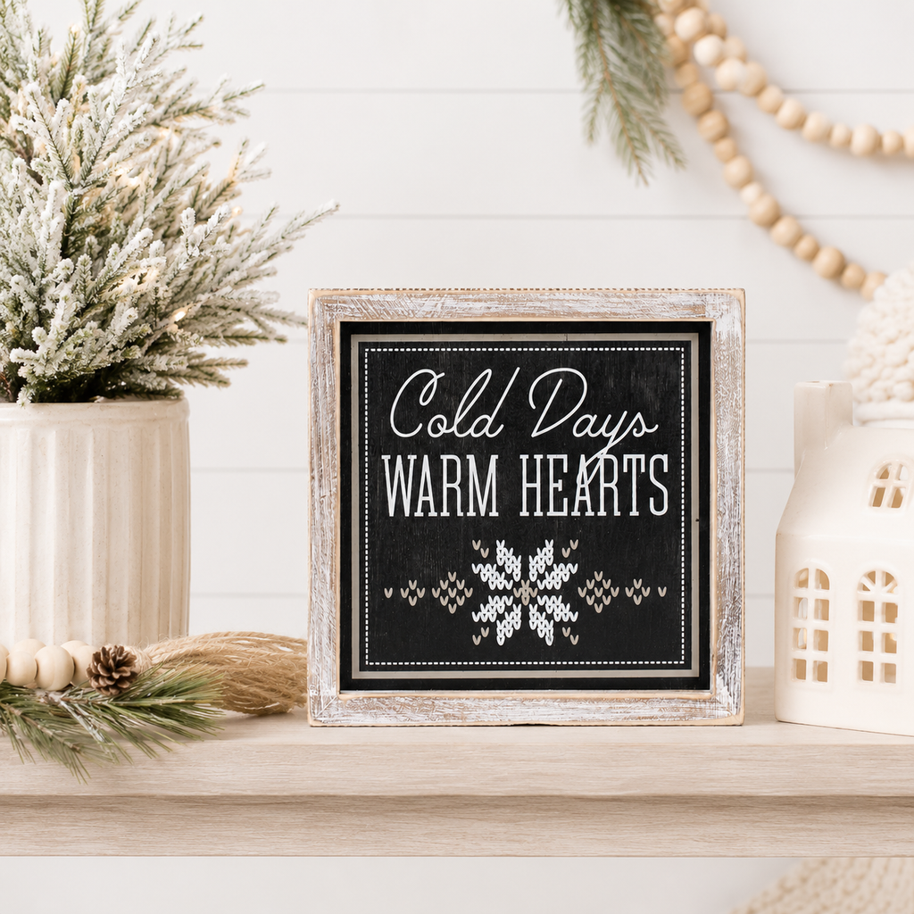 8" Reversible Wood Framed Sign - Warm Hearts and Rise | Black, White and Grey