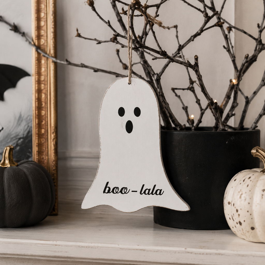 6" Wood Cutout Ornament - Ghost | White and Black