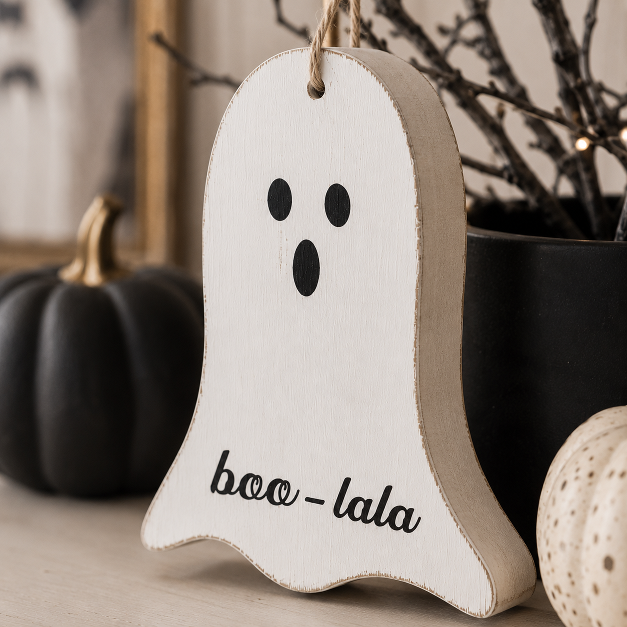 6" Wood Cutout Ornament - Ghost | White and Black