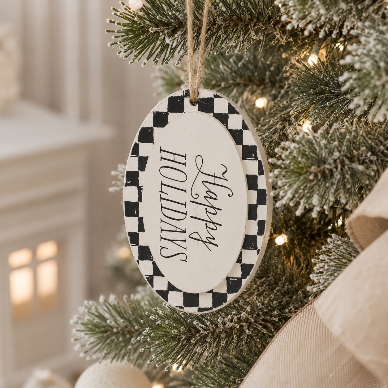 7" Wood Ornament - Happy Holidays | White and Black