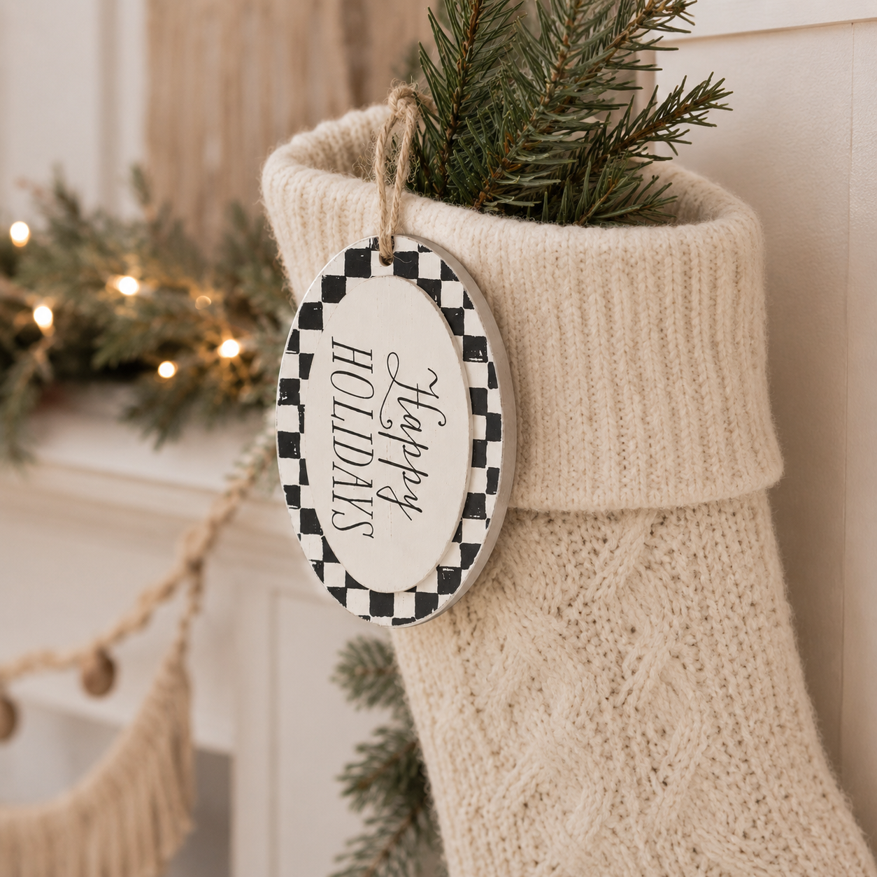 7" Wood Ornament - Happy Holidays | White and Black