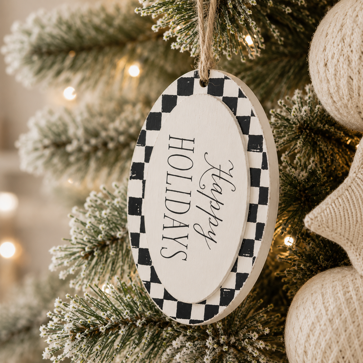 7" Wood Ornament - Happy Holidays | White and Black