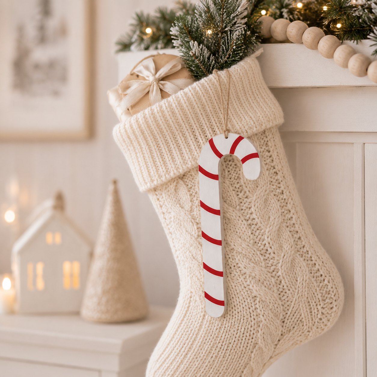 12" Wood Ornament - Candy Cane | White and Red