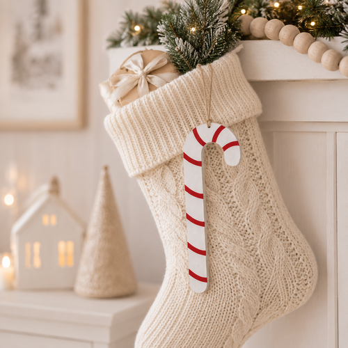 12" Wood Ornament - Candy Cane | White and Red