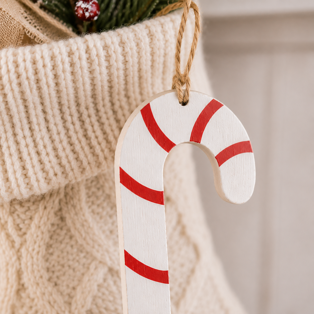 12" Wood Ornament - Candy Cane | White and Red