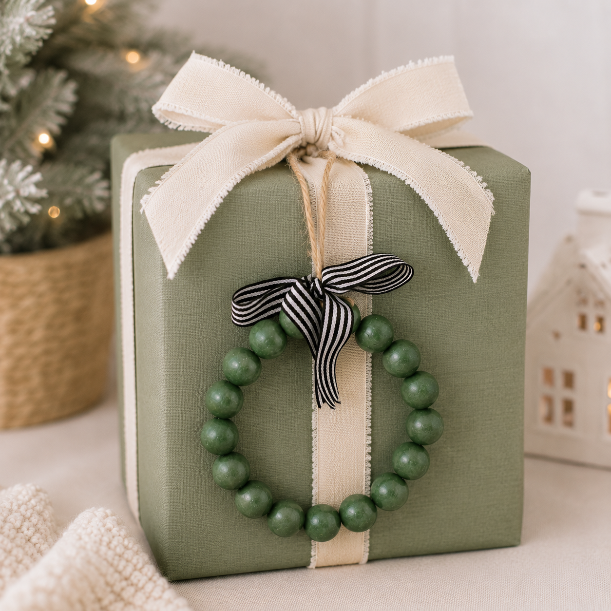 7" Wood Bead Ornament - Wreath | Multicolor