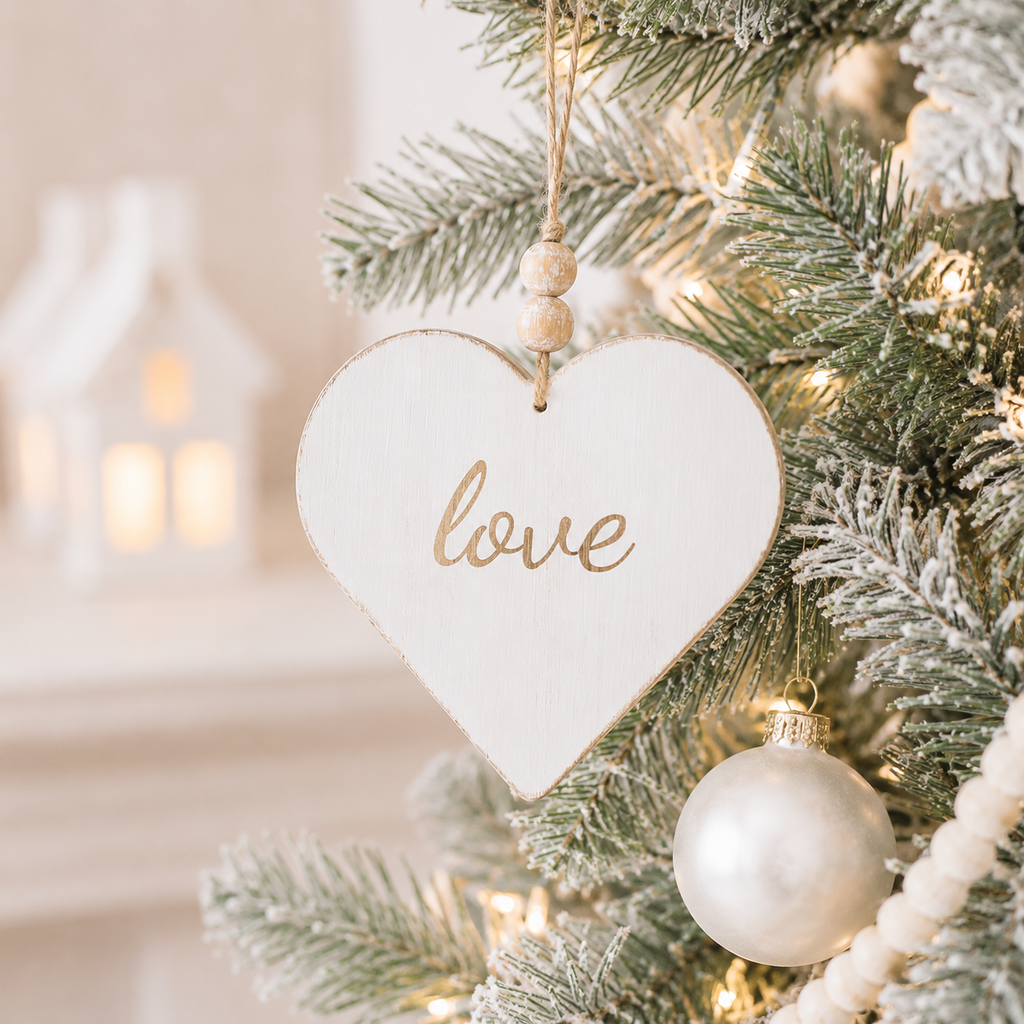 6" Reversible Wood Ornament - Love and Heart | White and Natural