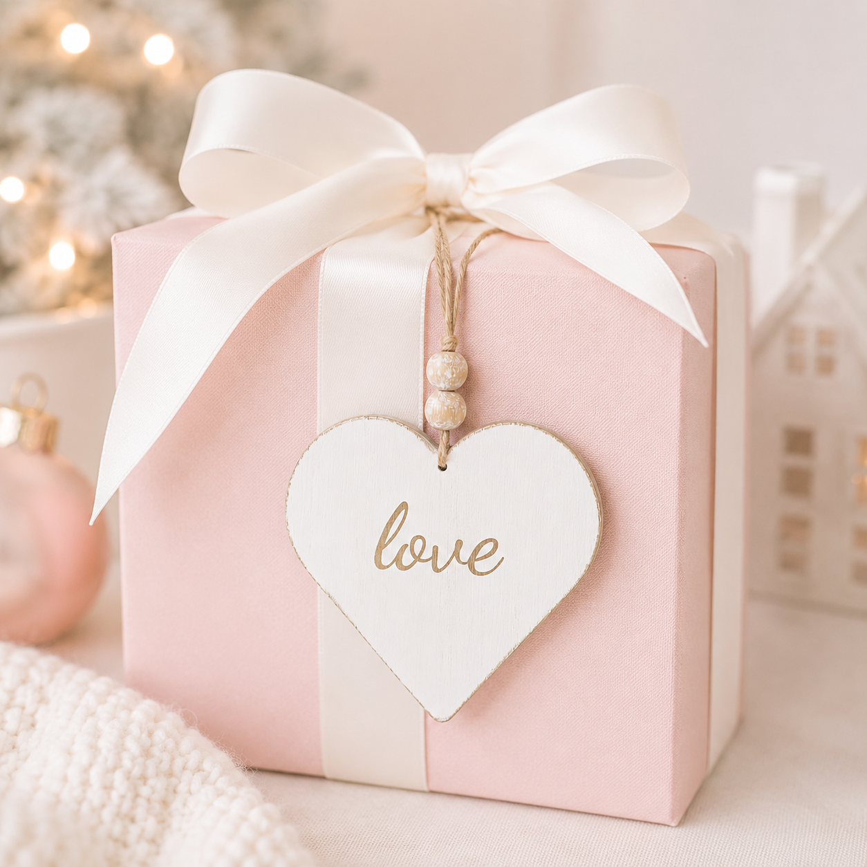 6" Reversible Wood Ornament - Love and Heart | White and Natural