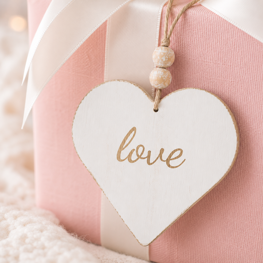 6" Reversible Wood Ornament - Love and Heart | White and Natural