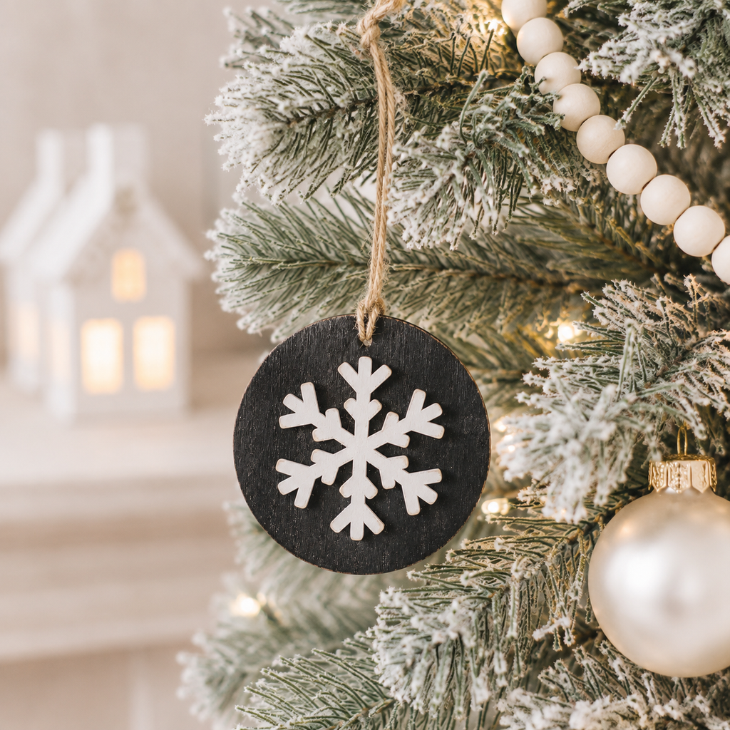 4" Double-Sided Wood Ornament - Snowflake | Black and White