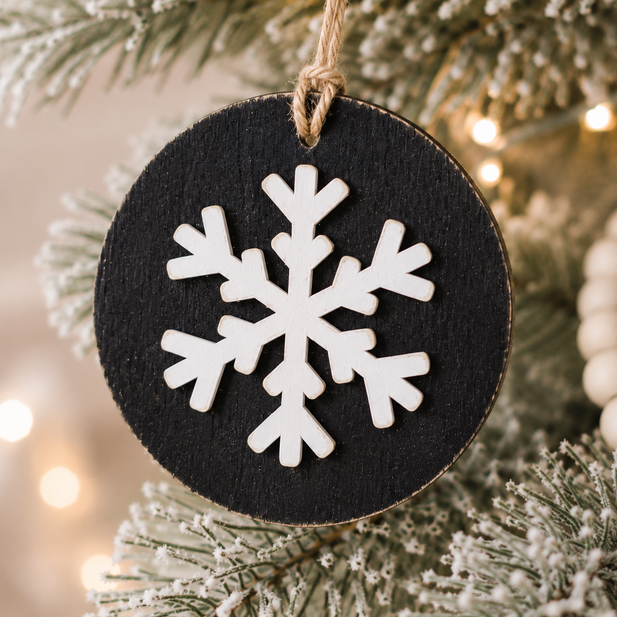 4" Double-Sided Wood Ornament - Snowflake | Black and White