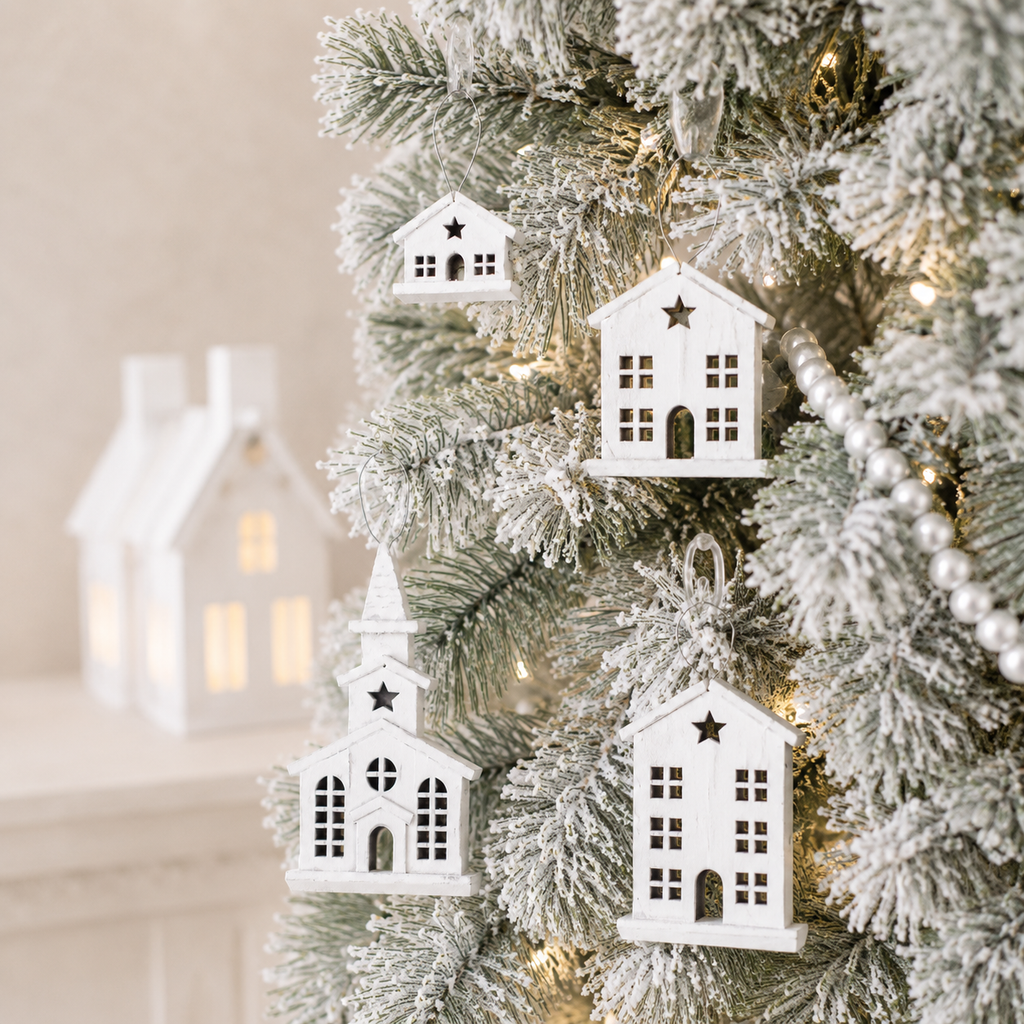 Wood Ornament Set of 4 - Village | White | Sizes 7", 5", 3.75" and 2.5"