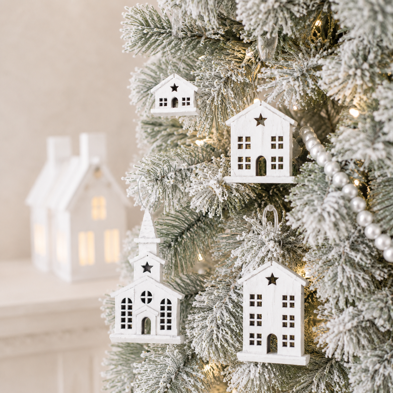 Wood Ornament Set of 4 - Village | White | Sizes 7", 5", 3.75" and 2.5"
