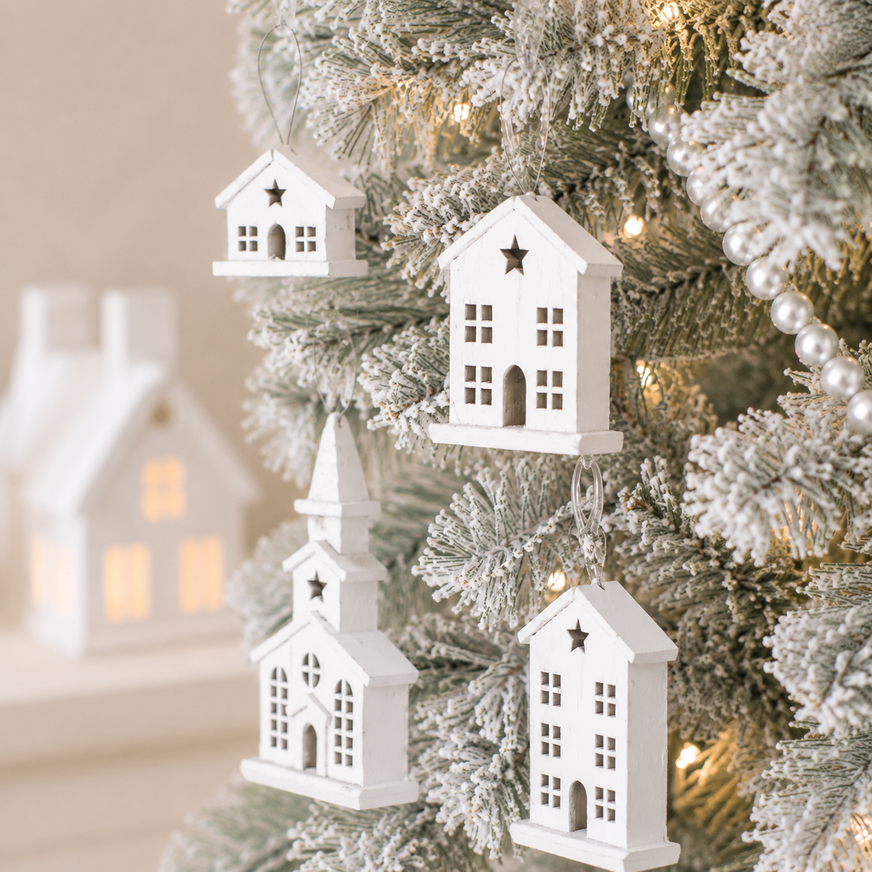 Wood Ornament Set of 4 - Village | White | Sizes 7", 5", 3.75" and 2.5"