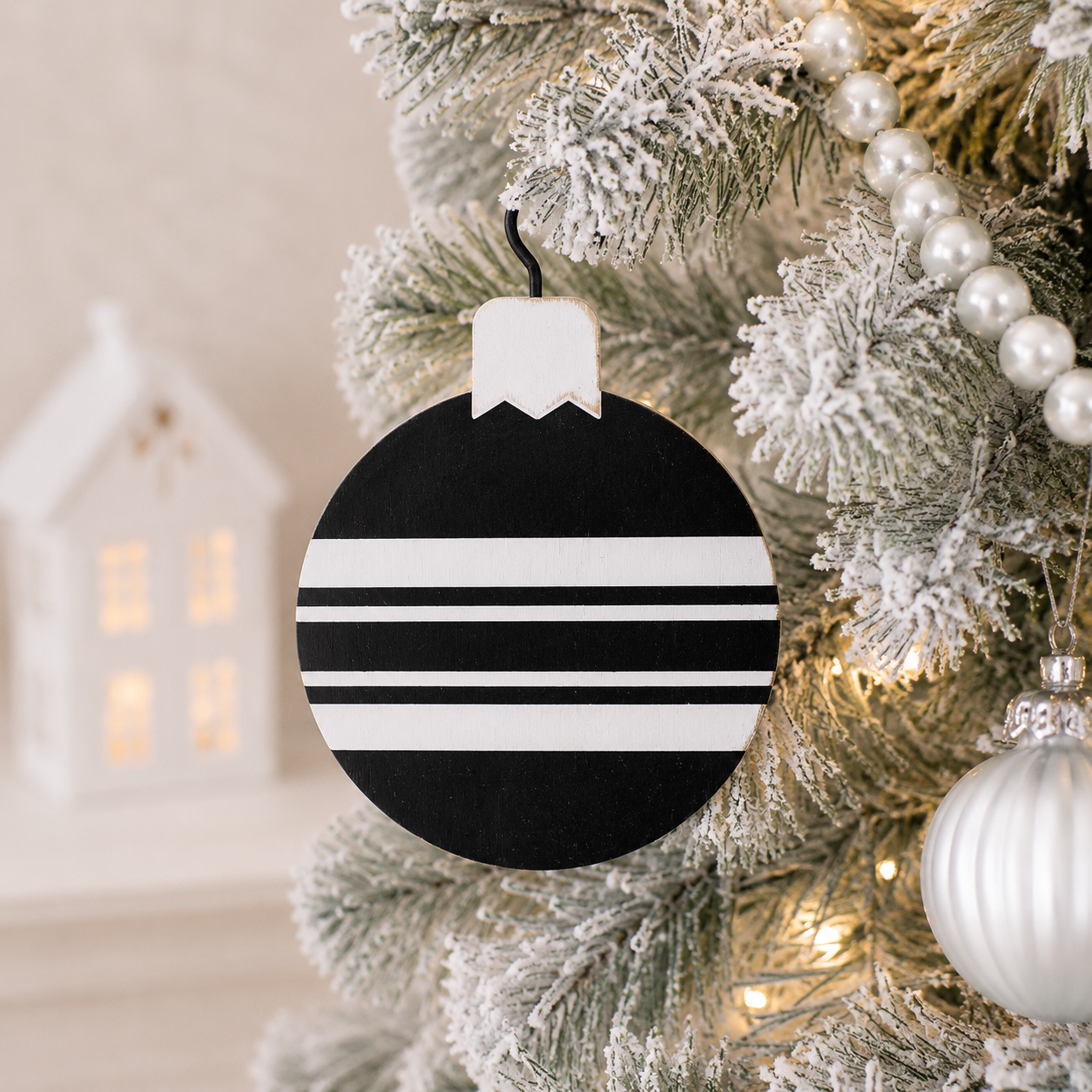 5" Reversible Wood Ornament - Peace and Stripes | White and Black