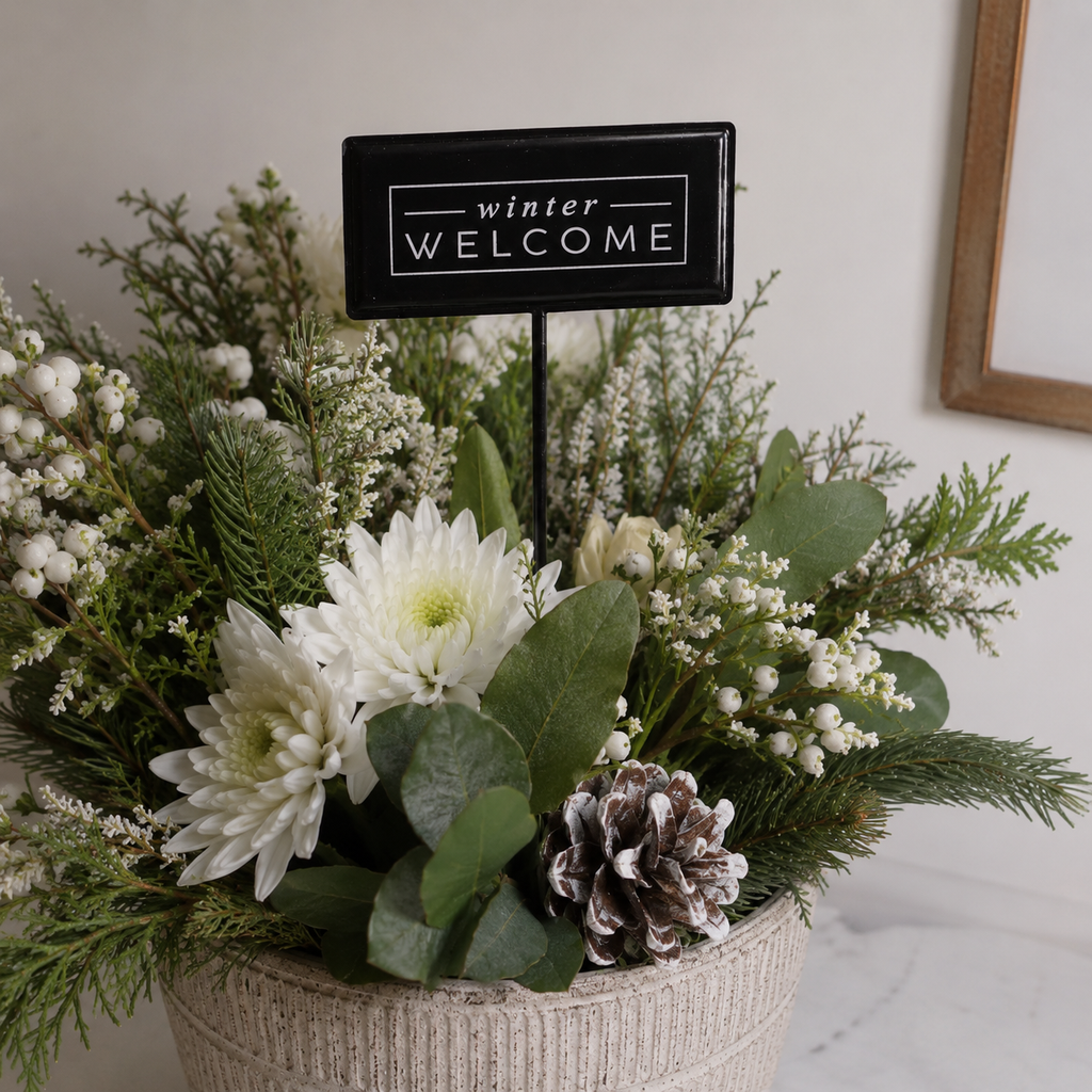 6" Metal Stake Sign - Winter Welcome | Black and White