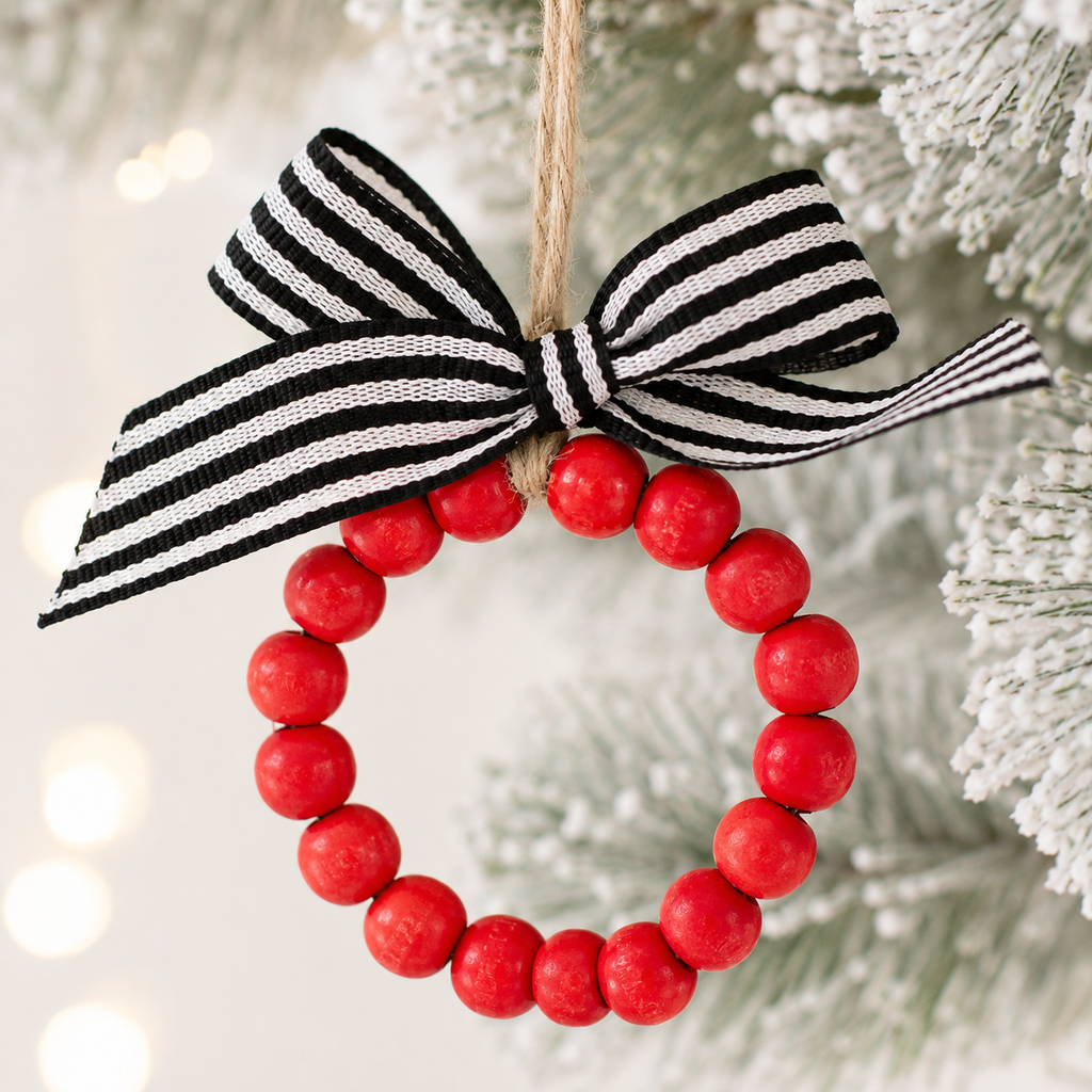 4" Wood Bead Ornament - Wreath | Multicolor