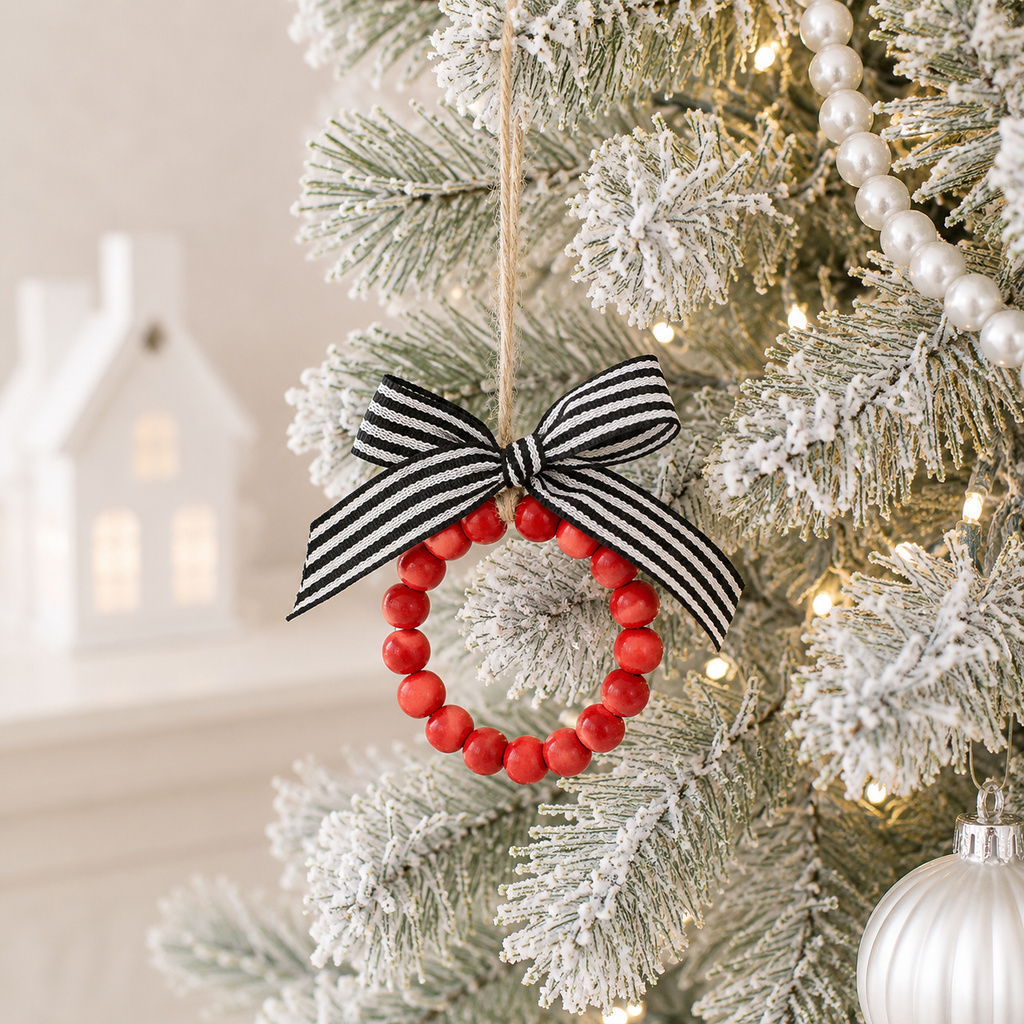4" Wood Bead Ornament - Wreath | Multicolor