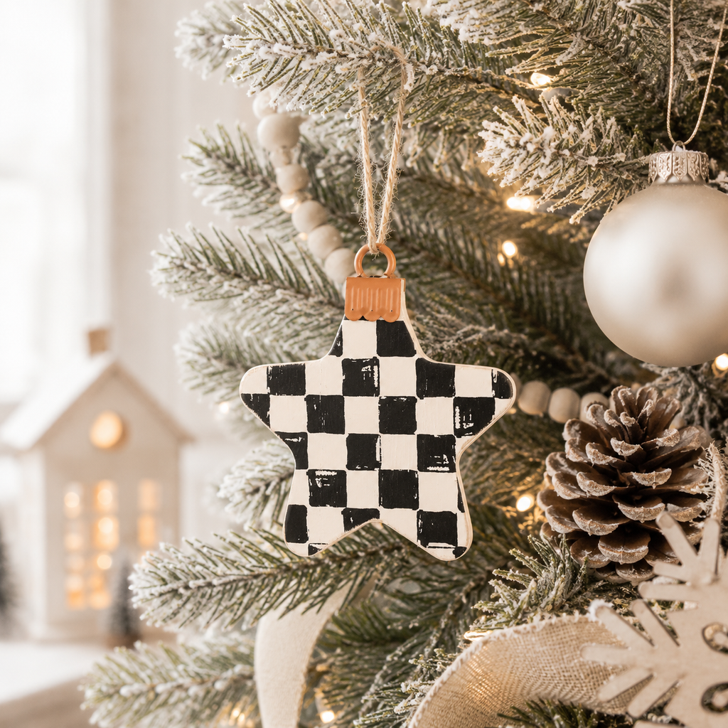 4" Wood Ornament - Star | White and Black