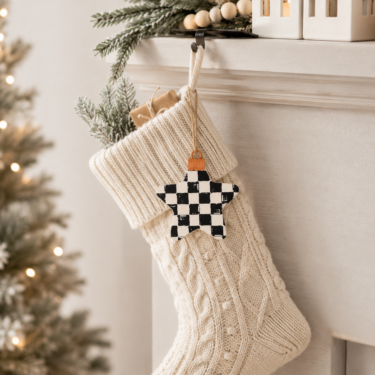 4" Wood Ornament - Star | White and Black