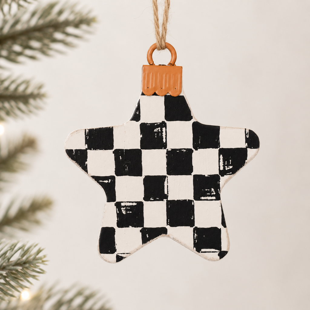 4" Wood Ornament - Star | White and Black
