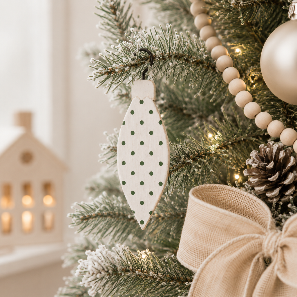 6" Reversible Wood Teardrop Ornament - Polka Dot | White and Green