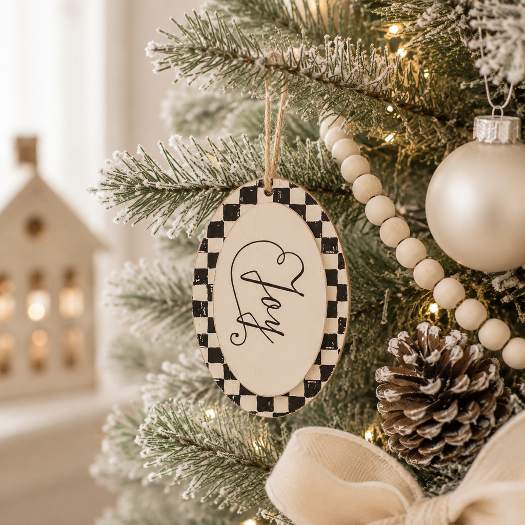 7" Wood Ornament - Joy | White and Black
