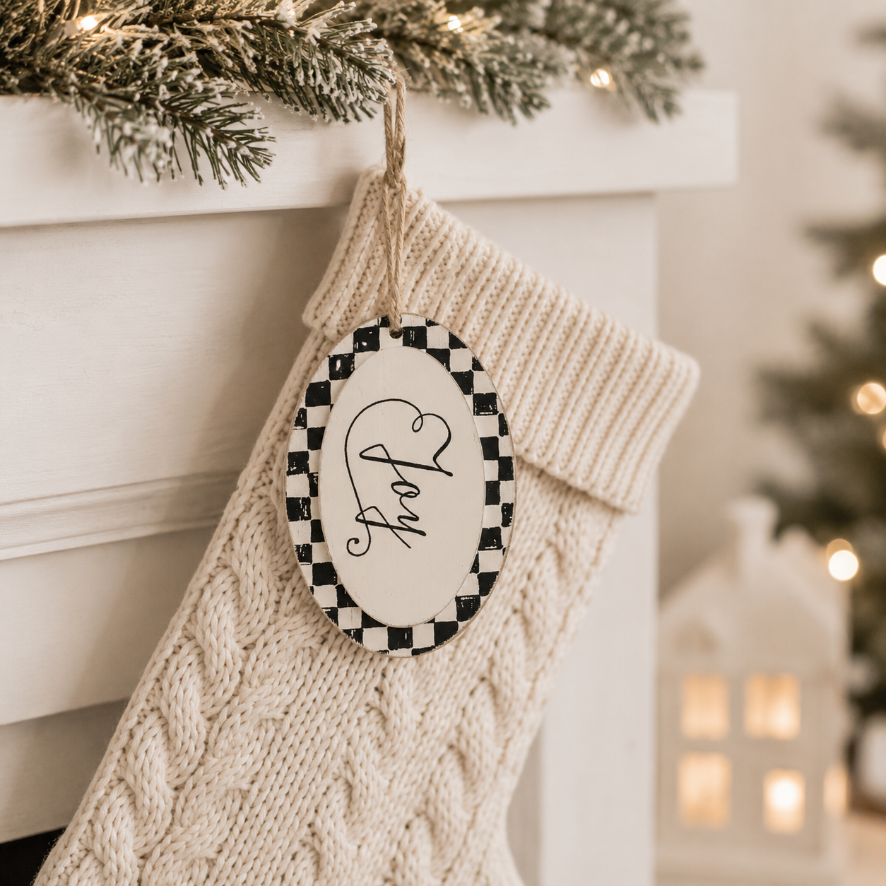 7" Wood Ornament - Joy | White and Black