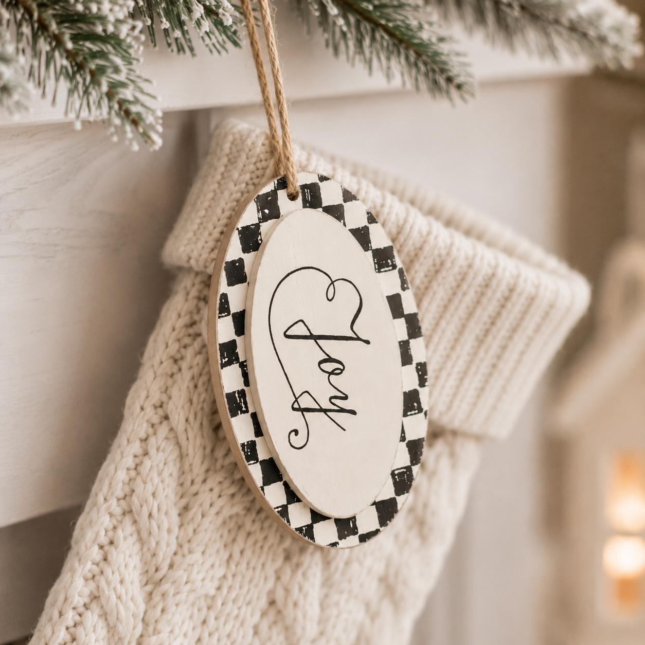 7" Wood Ornament - Joy | White and Black