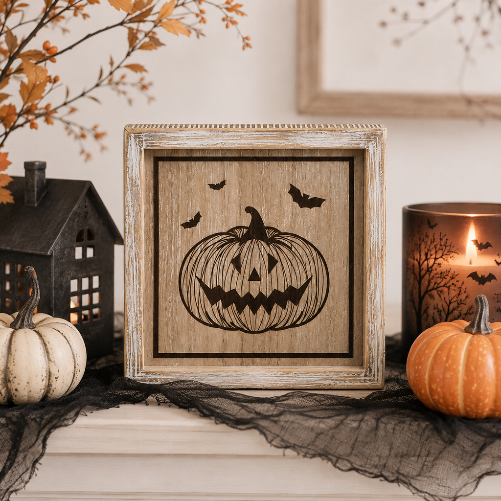 8" Reversible Wood Frame Sign - Leaf and Jack O Lantern | Natural, White and Black